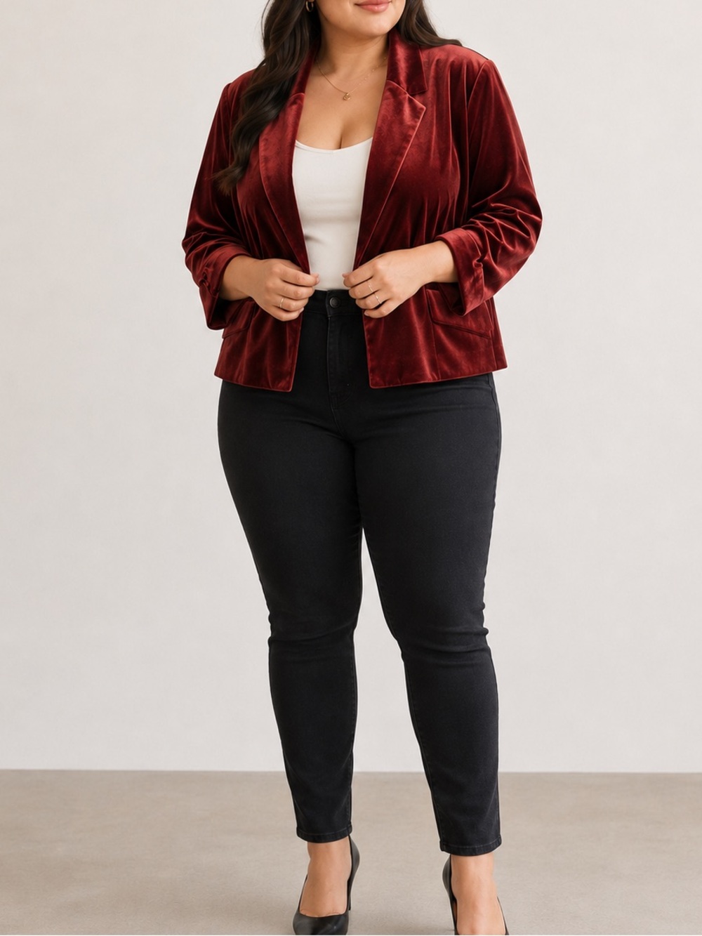 Baltic Born Burnt Orange Velvet Ruched Sleeve Open Front Everyday Jacket Blazer
